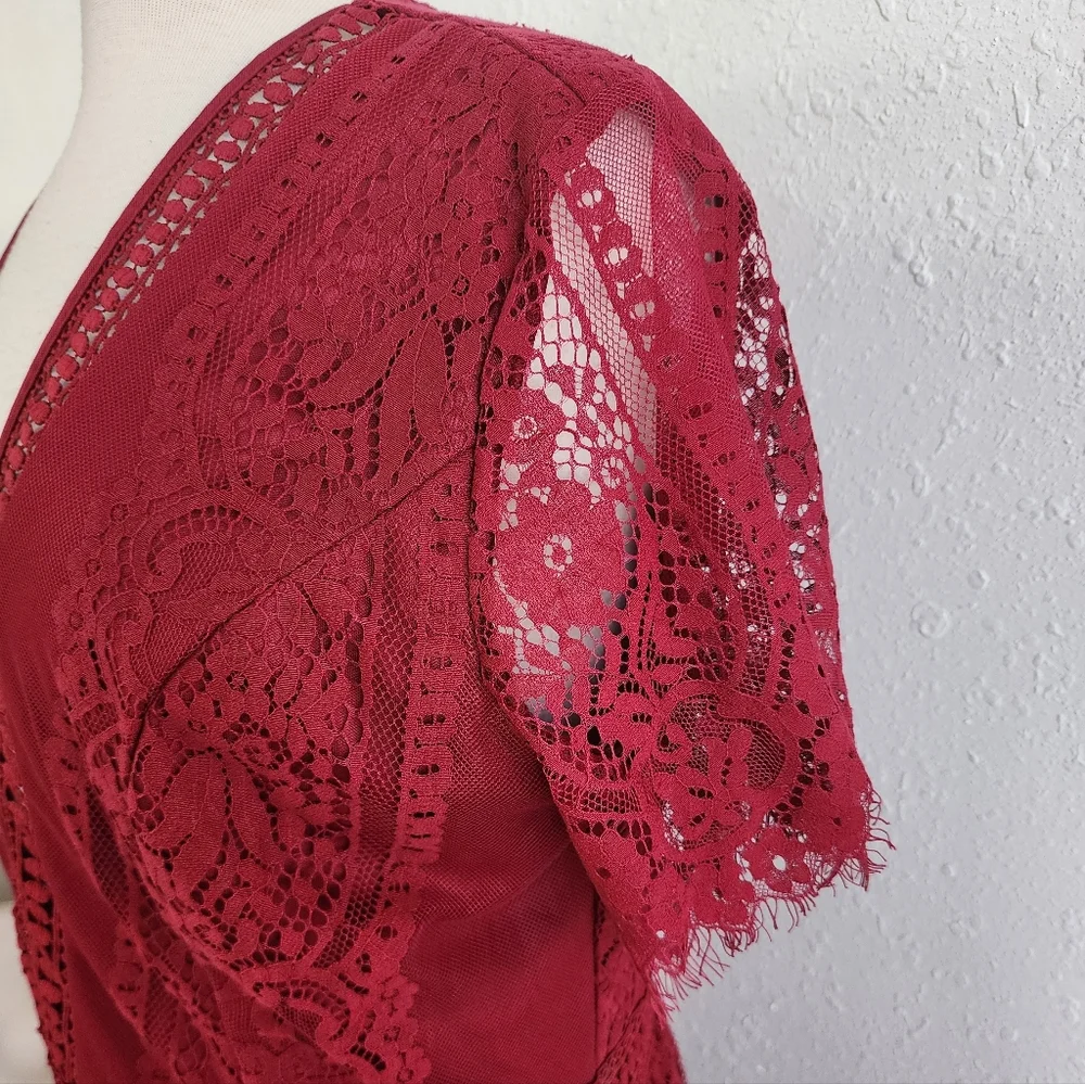 Burgundy Deep V Neck Short Sleeve Lace Maxi Holiday Dress Sz XL - Picture 2 of 7